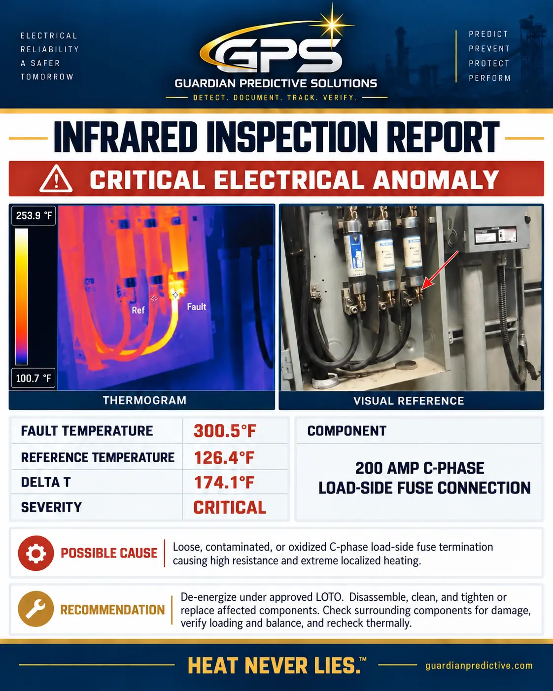 GPS critical infrared report showing elevated heating at a 200 amp C-phase load-side fuse connection