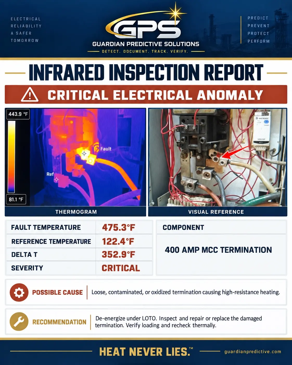 GPS critical infrared report showing severe elevated heating at a 400 amp MCC termination