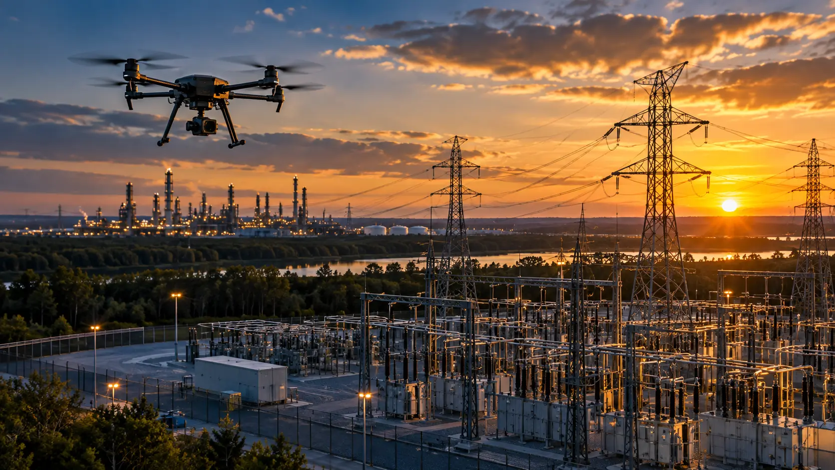 Drone surveying electrical infrastructure at sunset