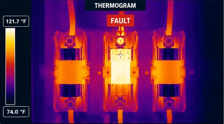 Anonymized thermogram showing elevated heating at the B-phase fused-disconnect connection