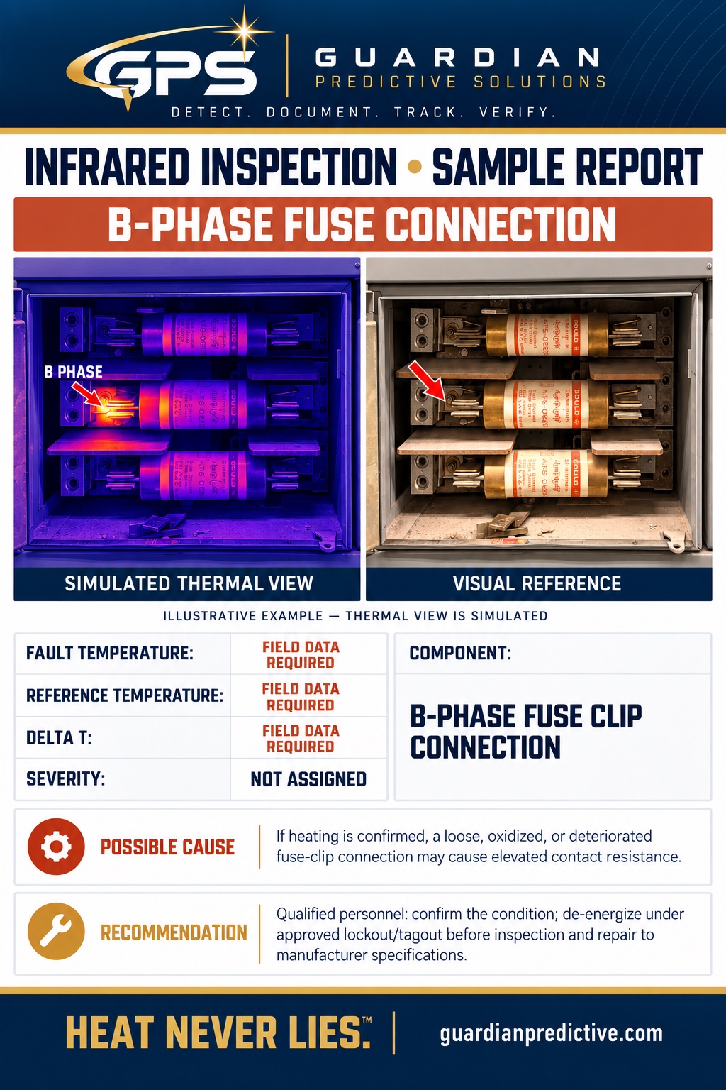 GPS illustrative B-phase fuse clip connection sample report with a simulated thermal hotspot and visual reference; field temperature data required and severity not assigned